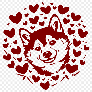 A vector illustration of a Shiba Inu's head with love hearts surrounding it.