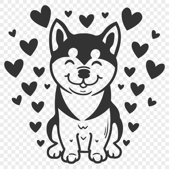 A sitting shiba inu dog with love hearts surrounding its body.