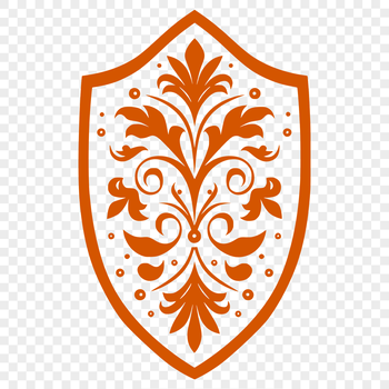 A graphic representation of a traditional shield with intricate details.