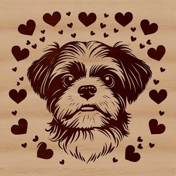 An adorable vector design featuring a Shih Tzu breed dog surrounded by tiny heart symbols.