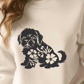 A full-body illustration of a sitting Shih Tzu with floral elements.