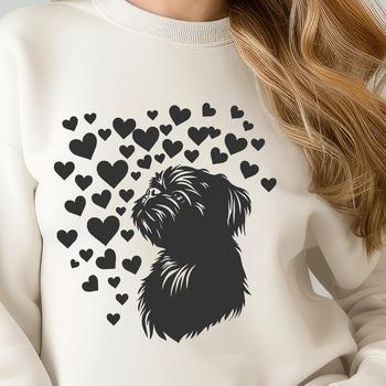 A cute Shih Tzu's head, designed as vector art with love hearts surrounding its features.