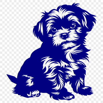 A stylized illustration of a sitting dog with a distinct facial expression.