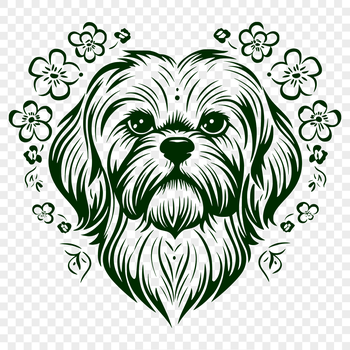 A cute illustration of a small dog's head with a floral pattern surrounding it.