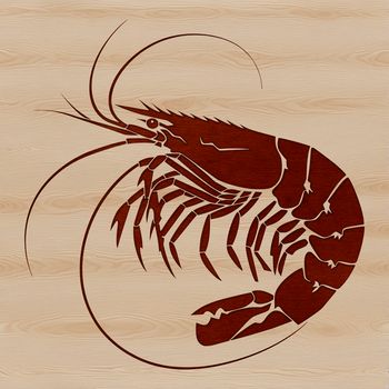A detailed illustration of a freshwater prawn, commonly used in seafood cuisine and as a decorative element.