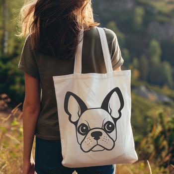 A simple line drawing of a Boston Terrier's head with facial features and ears.