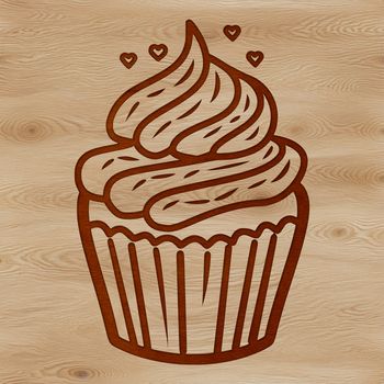 A simple line drawing of a cupcake with love hearts on top, ideal for printing or using in digital designs.