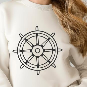 A simple nautical-themed line drawing of a cruise ship's wheel.