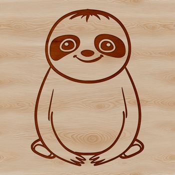 A simple line-drawn illustration of a sloth hanging from a tree branch.