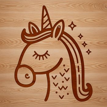 A simple line drawing of a mythical creature's head, featuring a unicorn with a gentle expression.