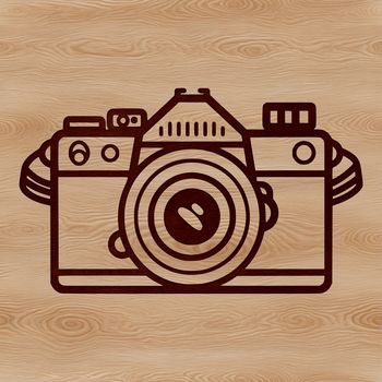 A simple line drawing of a camera with clean lines and basic design elements.