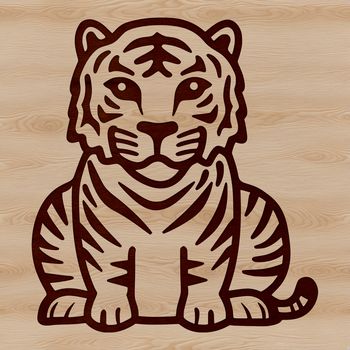 A simple line drawing of a tiger sitting on its haunches, depicted as a vector graphic.