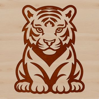 A simple line drawing of a tiger cub sitting on its haunches, depicted in a playful and endearing manner.