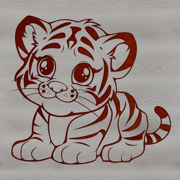 A sitting big cat with striped fur.