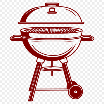 Illustration of a classic outdoor barbecue grill with sizzling food and utensils.