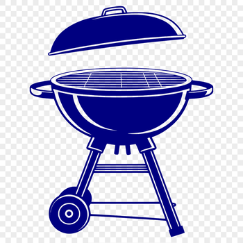 A detailed illustration of a barbecue grill with utensils and food on a table.