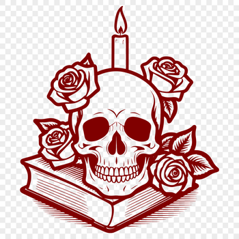 A detailed illustration of a skeletal skull in a gothic style surrounded by subtle ornamentation.
