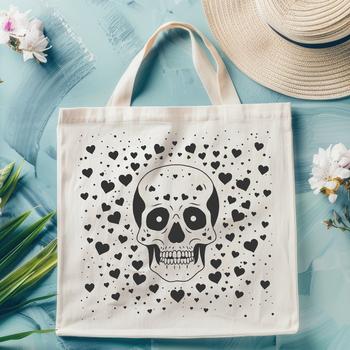 A stylized skull design with love hearts surrounding it.