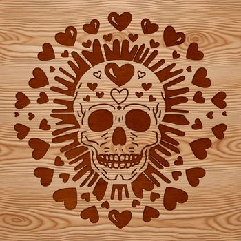 A stylized skull with love hearts integrated into its design, suitable for various creative projects.