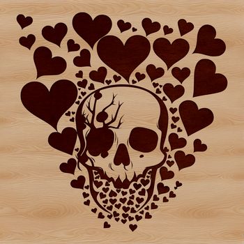 A skull design featuring love hearts, suitable for Halloween decorations or tattoo designs.