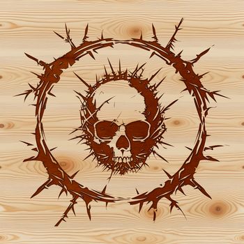 Illustrative depiction of a skull surrounded by thorns, suitable for horror-themed designs.