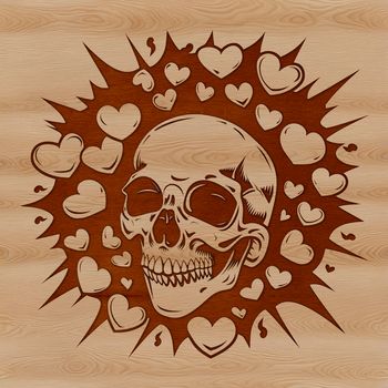 A stylized skull design featuring love hearts, suitable for vector art and cutting machine projects.