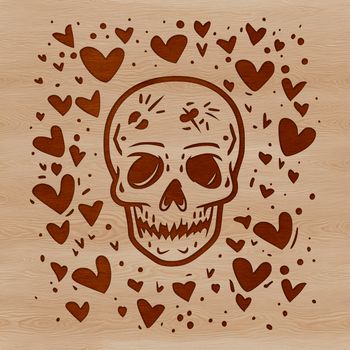 A stylized skull design featuring love hearts, suitable for use in tattoo designs or as vector art.