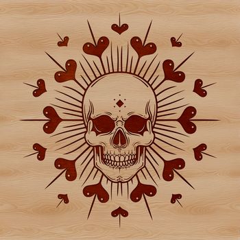A stylized skull design with love hearts, ideal for vector art projects.