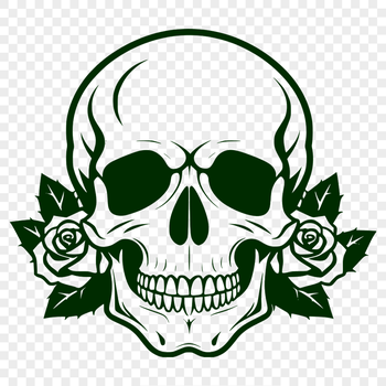 An illustration of a Gothic-inspired skull adorned with floral elements and decorative motifs.