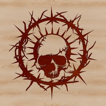 A detailed illustration of a skull with thorns surrounding it, suitable for tattoo designs or decorations.