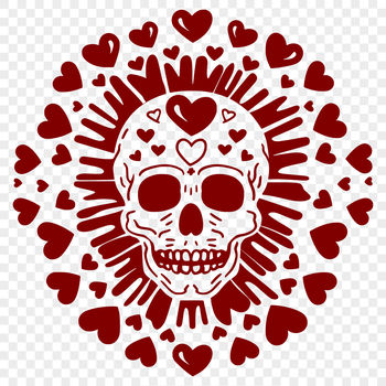 A stylized skull illustration featuring love hearts, suitable for Halloween designs or tattoo art.