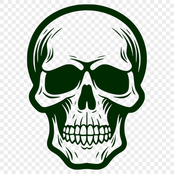 A cartoon skull with a witch's hat on its head, surrounded by spooky decorations, perfect for Halloween designs.