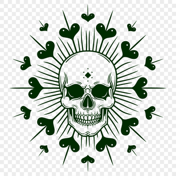 A bold skull design with love hearts, suitable for tattoo inspiration or Halloween decoration.
