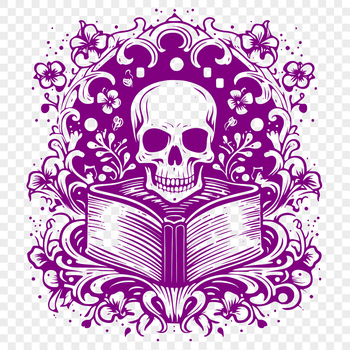 A stylized illustration featuring various symbols associated with witchcraft, including a skull and ornate design elements.