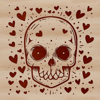 A stylized illustration of a skull with love hearts embedded in the design elements.
