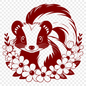 A simple illustration of a skunk amidst a floral pattern.