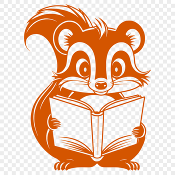 A cartoon skunk sitting on the ground with a book in front of it, surrounded by natural elements.