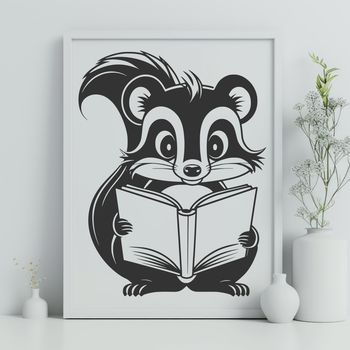 A digital illustration of a wild skunk reading a book in a serene outdoor setting.