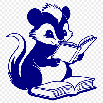 A cartoon illustration of a wild skunk reading a book in a forest setting.
