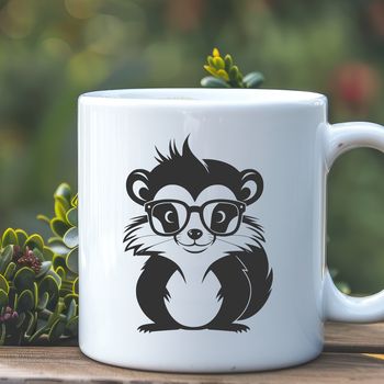 A cartoon skunk with glasses on its head, depicted in a simple vector style.