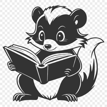 Illustration of a skunk sitting on the ground, reading a book.