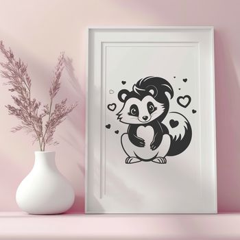 Illustrated skunk with love hearts, designed as a vector graphic.