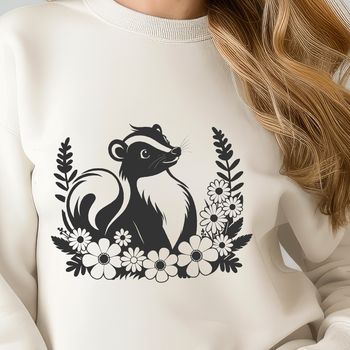 A wild animal illustration of a skunk in floral surroundings.