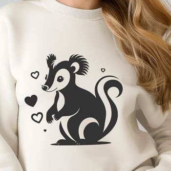 A detailed illustration of a skunk featuring heart symbols.