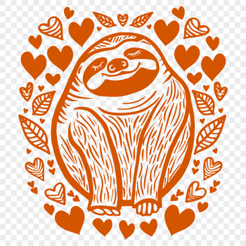 Close-up illustration of a full-body sloth with love hearts surrounding it, suitable for graphic design projects.