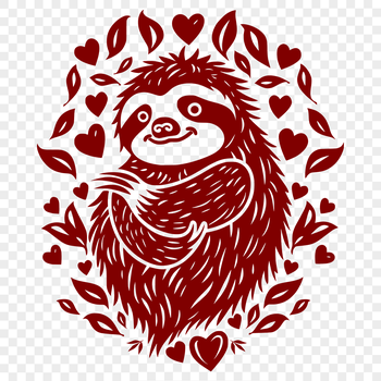 A full-body illustration of a sloth with heart symbols surrounding its body.