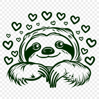 An adorable sloth with hearts on its head, peeking out from behind foliage.