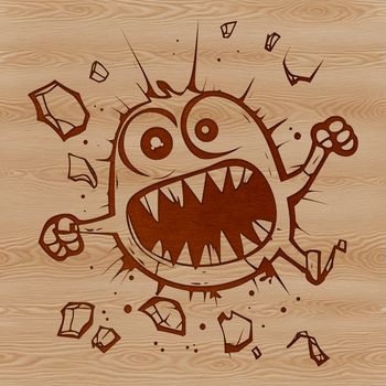 A friendly monster bursting through a brick wall in a playful Halloween theme.
