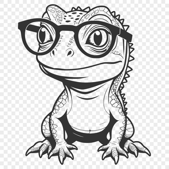 A cartoon lizard wearing glasses sits on a rock, its reptilian features clearly defined in vector format.