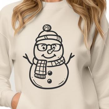 A snow-covered winter scene featuring a smiling snowman standing in a snowy landscape.